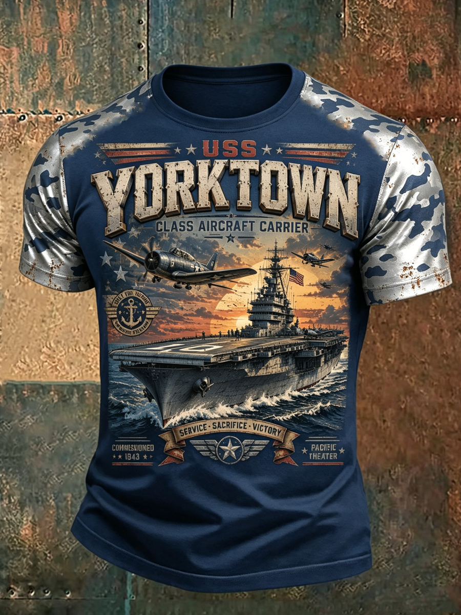 Men's USS Yorktown Aircraft Carrier Vintage Graphic Crewneck T-Shirt