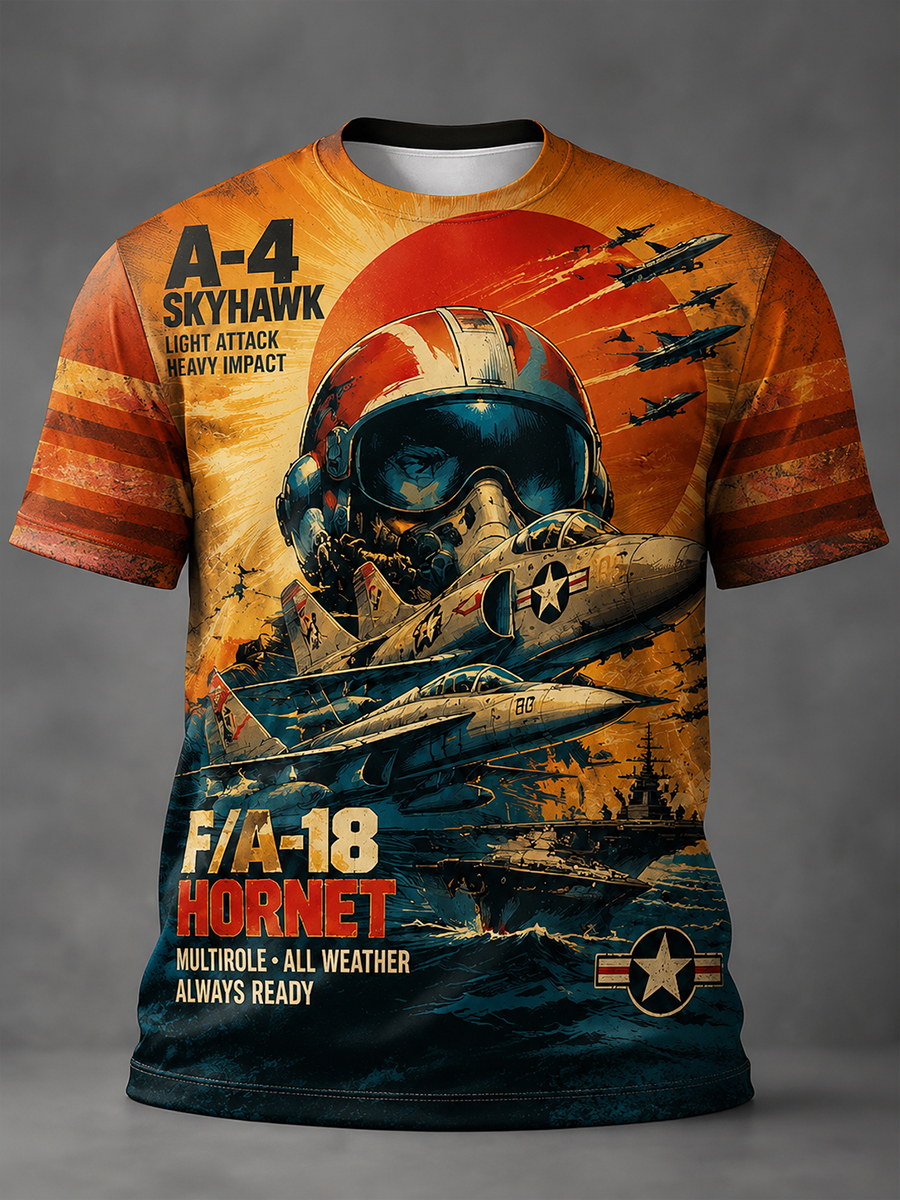 Men's Sunset Naval Combat A-4 Skyhawk Hornet Fighter Print Crewneck T-Shirt