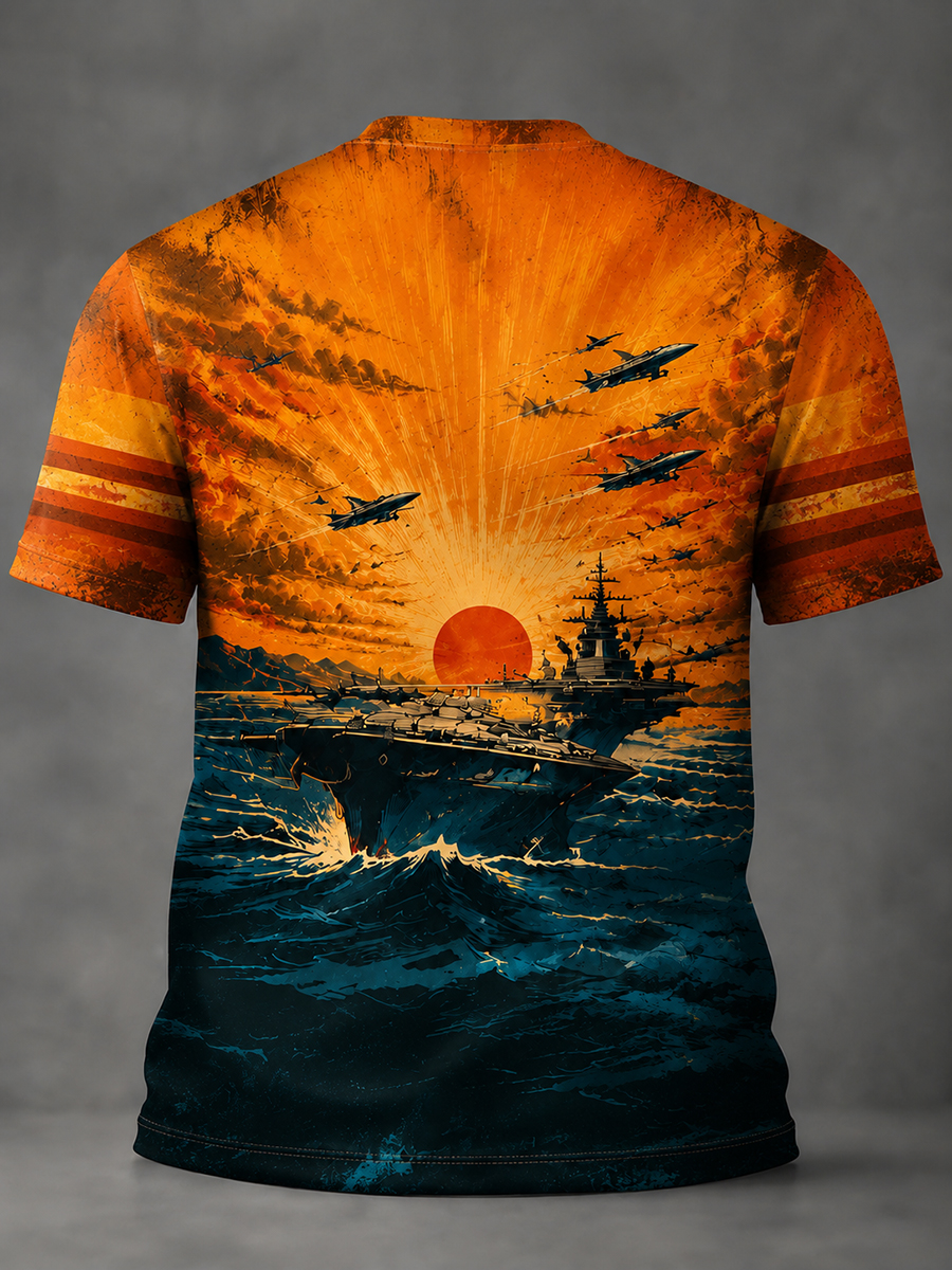 Men's Sunset Naval Combat A-4 Skyhawk Hornet Fighter Print Crewneck T-Shirt