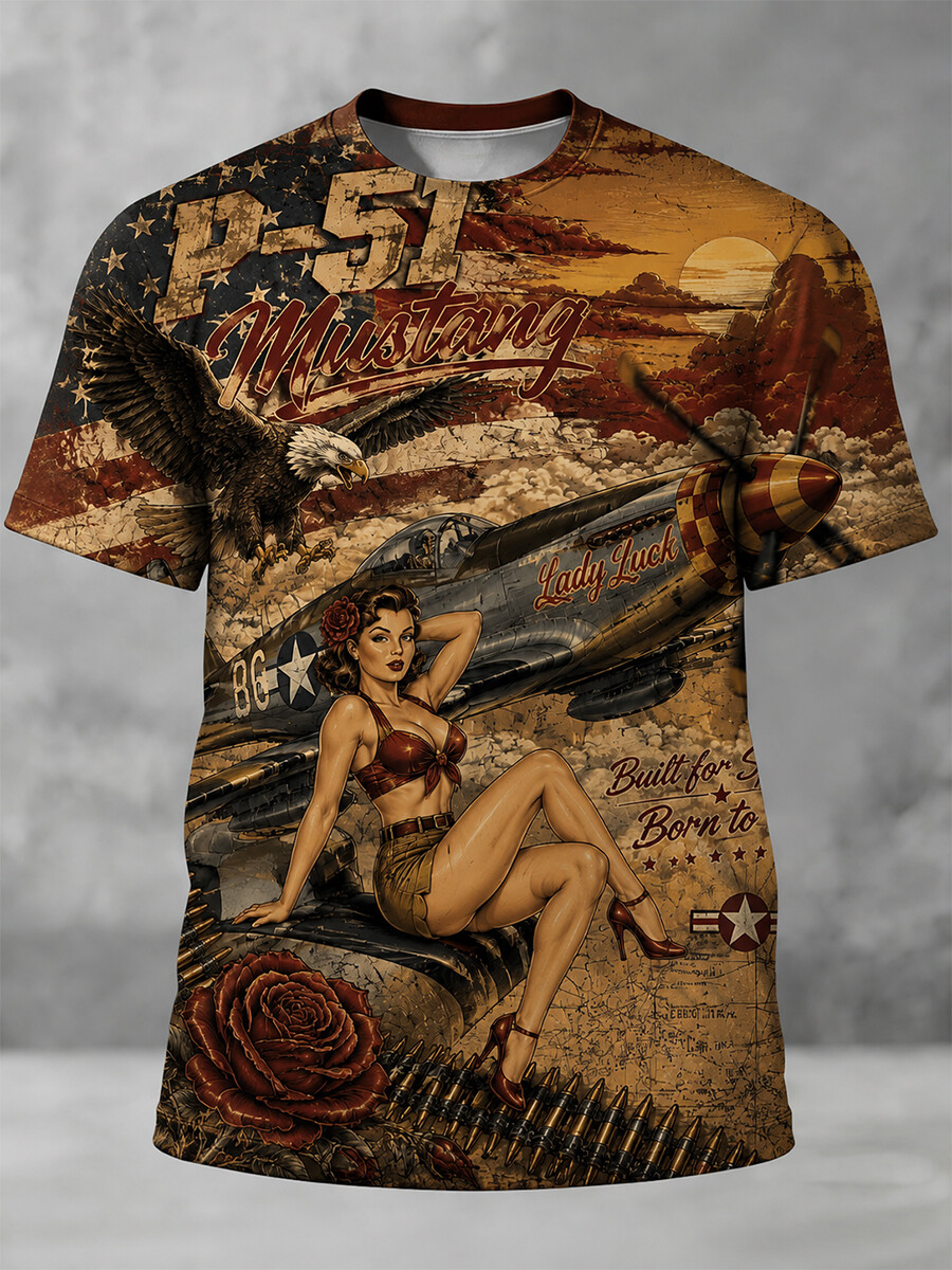Men's Vintage P-51 Mustang Pin-Up Girl Eagle USA Flag Print Crewneck T-Shirt