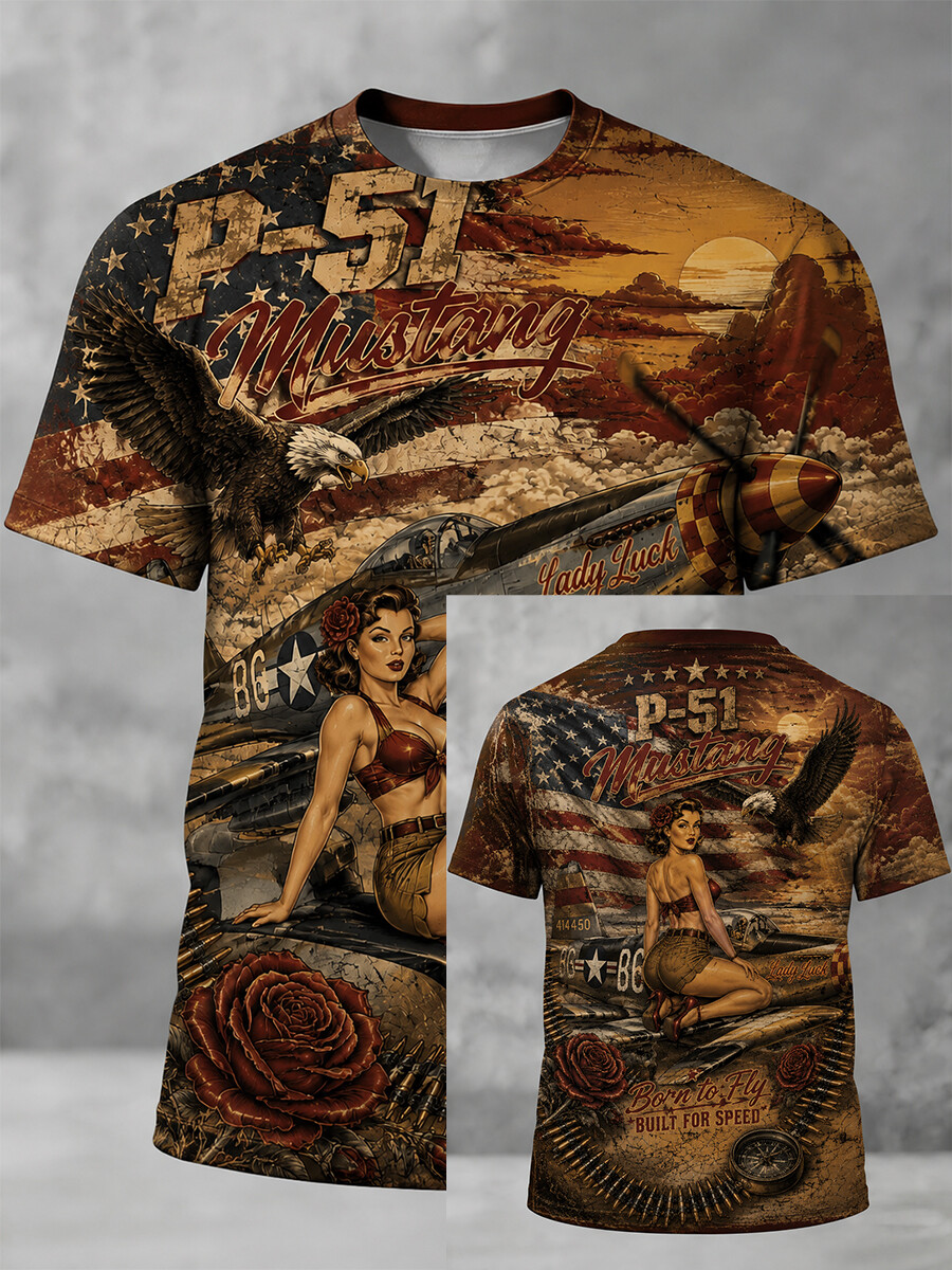 Men's Vintage P-51 Mustang Pin-Up Girl Eagle USA Flag Print Crewneck T-Shirt