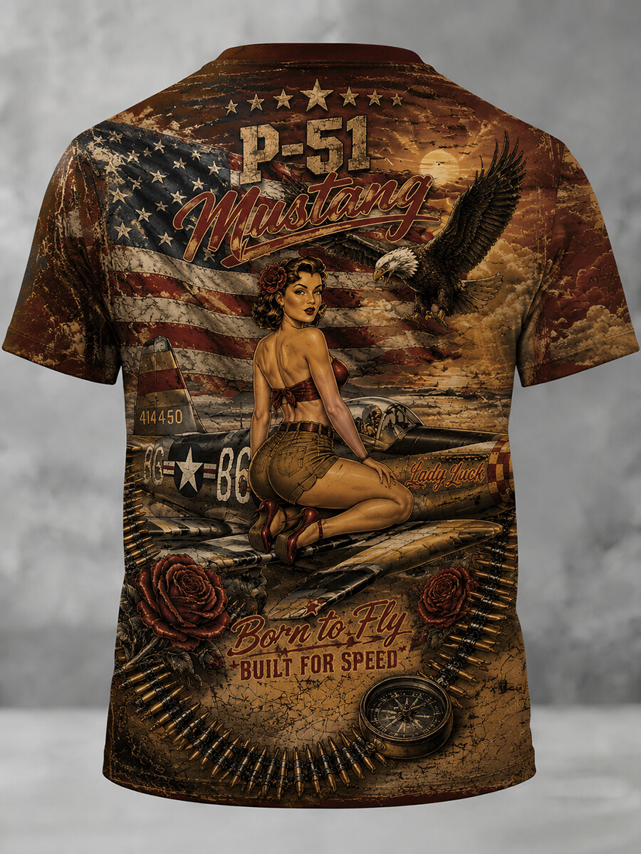 Men's Vintage P-51 Mustang Pin-Up Girl Eagle USA Flag Print Crewneck T-Shirt
