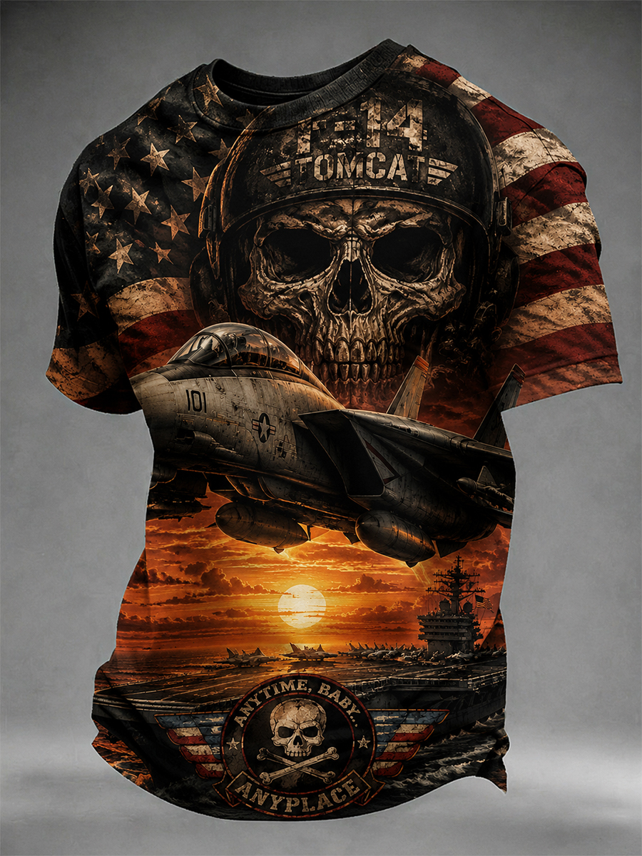 Men's Retro Dark Skull Military Naval Aviation Street Print Crewneck T-Shirt