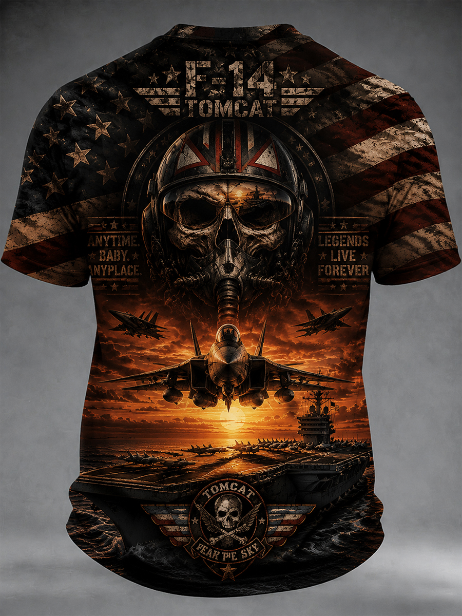 Men's Retro Dark Skull Military Naval Aviation Street Print Crewneck T-Shirt