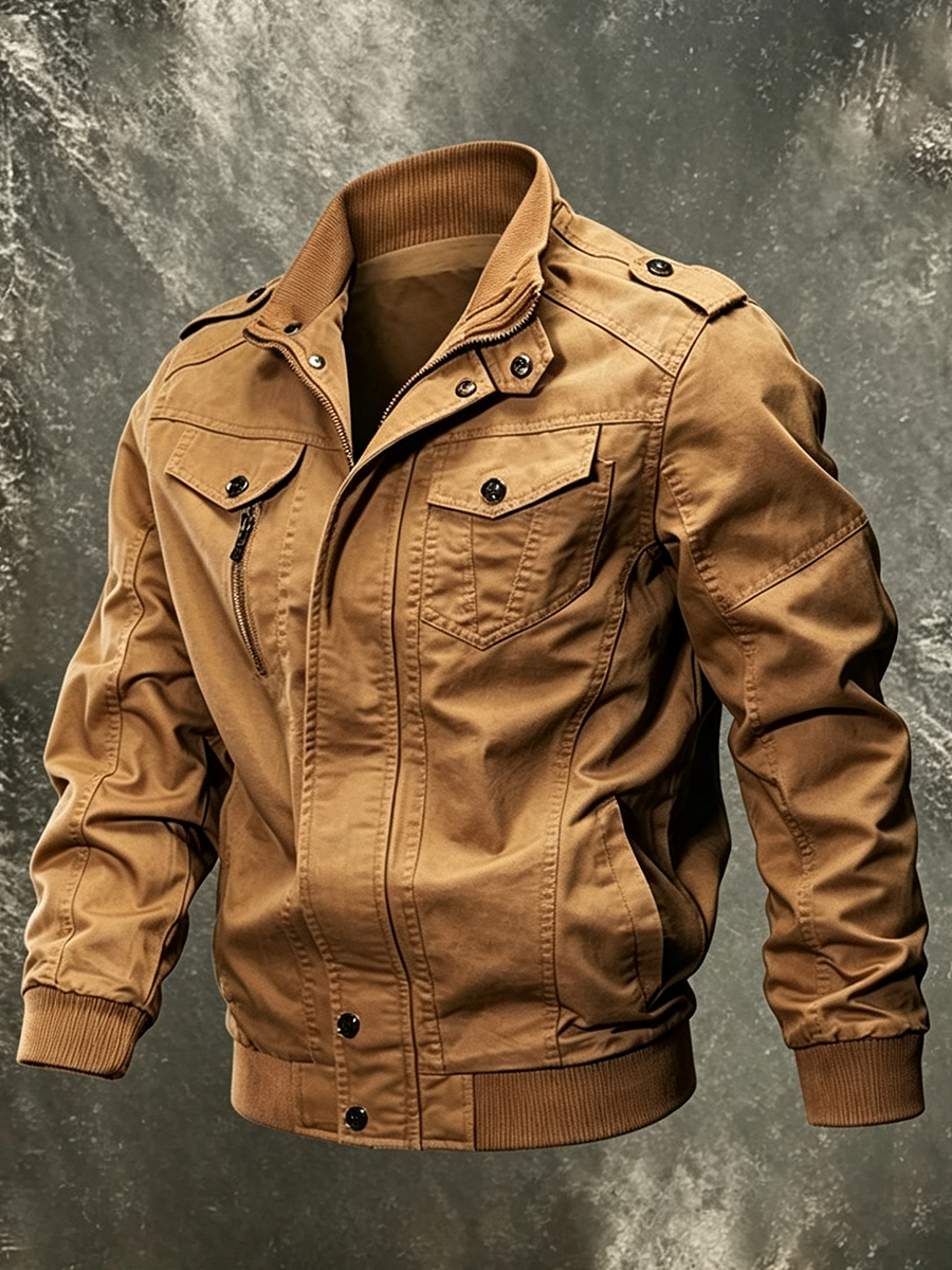 Men's Retro Army Canvas Bomber Jacket Multi-Pocket Stand Collar Tactical Utility Daily Outerwear