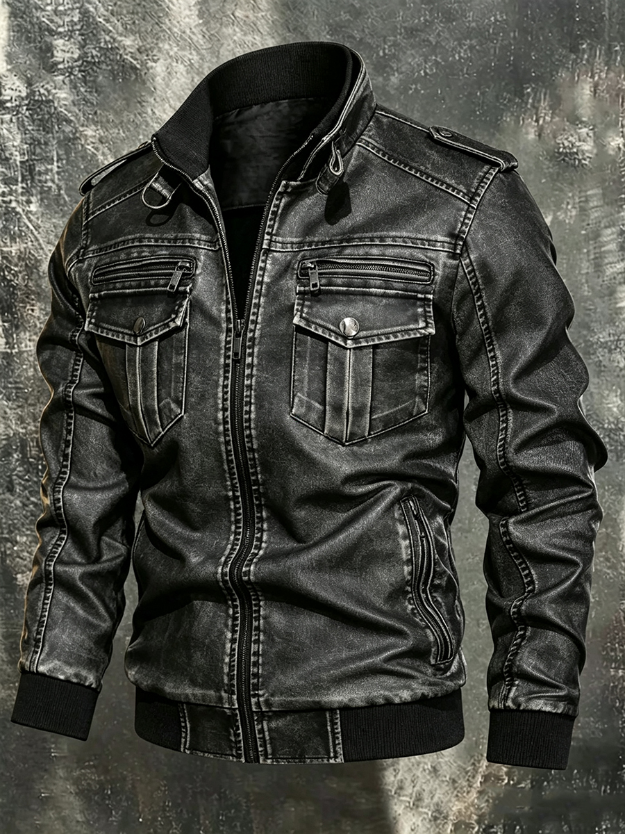 Men's Vintage Distressed Faux Leather Bomber Jacket Men Military Multi Pocket Biker Outerwear
