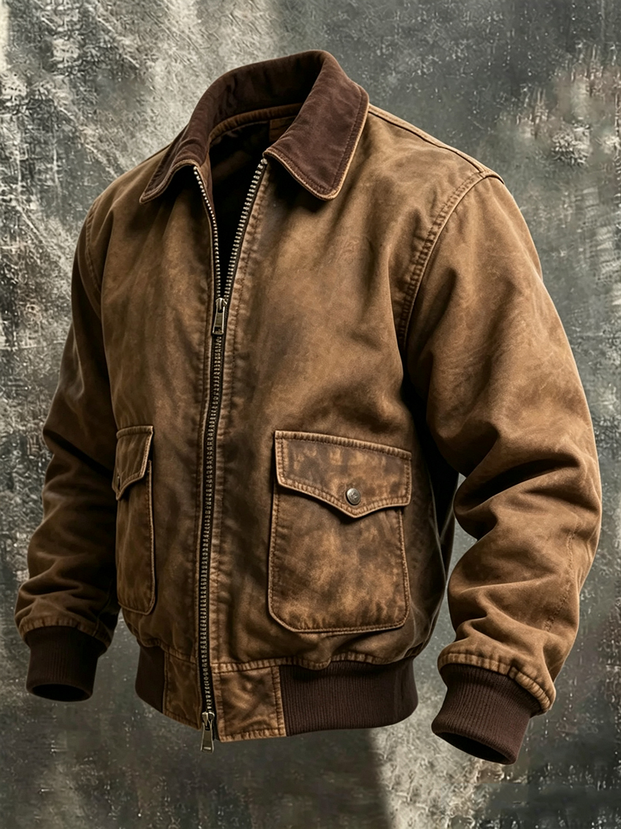 Men's Vintage Distressed Faux Leather Bomber Jacket