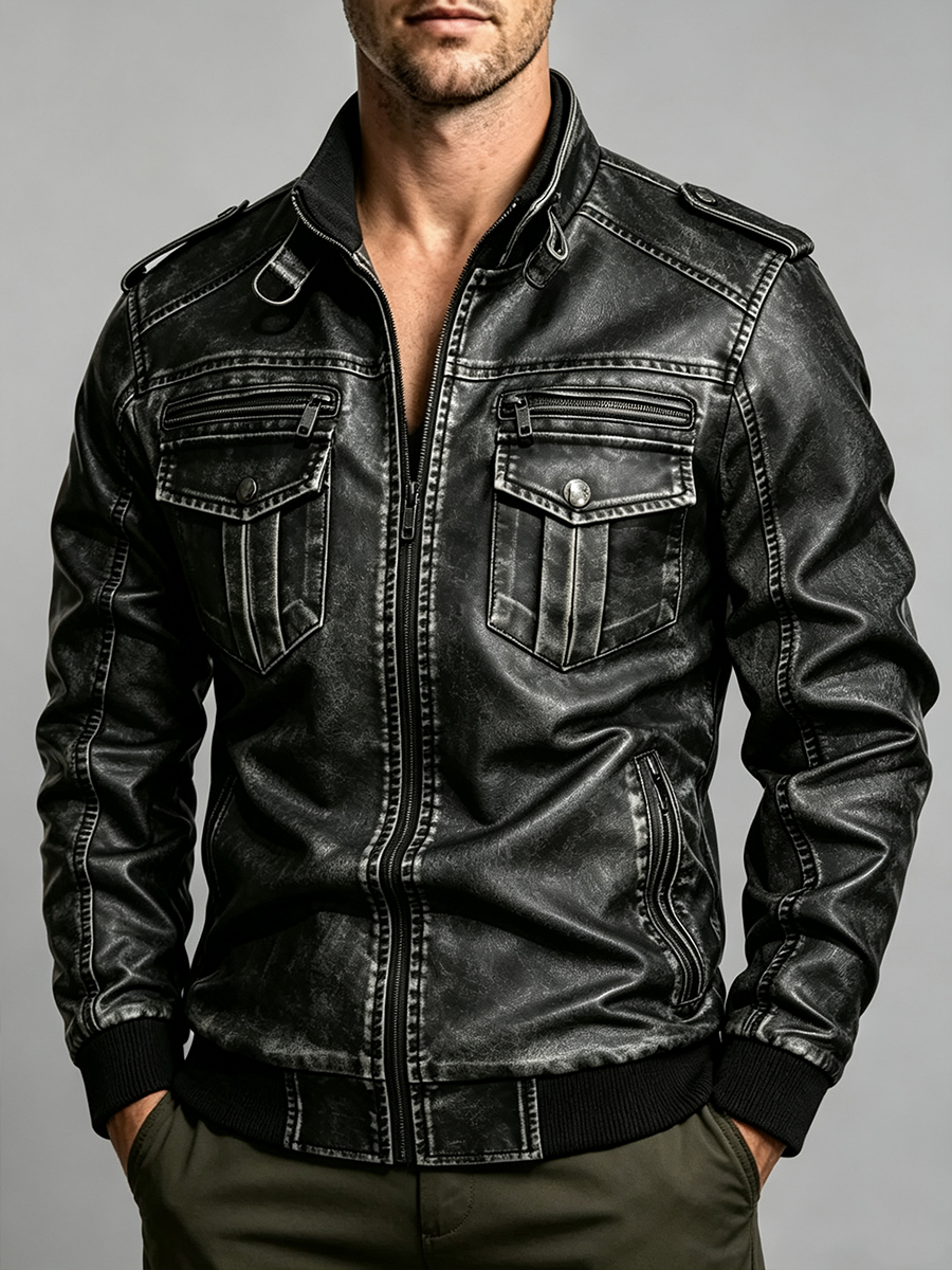 Men's Vintage Distressed Faux Leather Bomber Jacket Men Military Multi Pocket Biker Outerwear