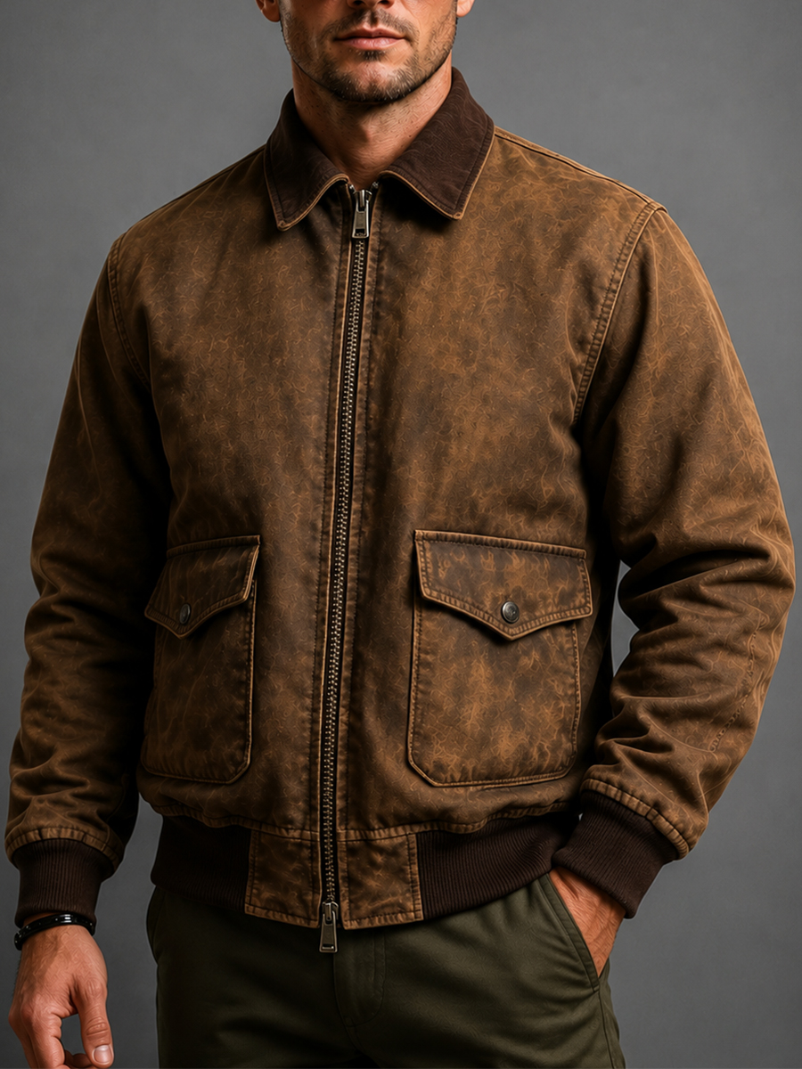 Men's Vintage Distressed Faux Leather Bomber Jacket
