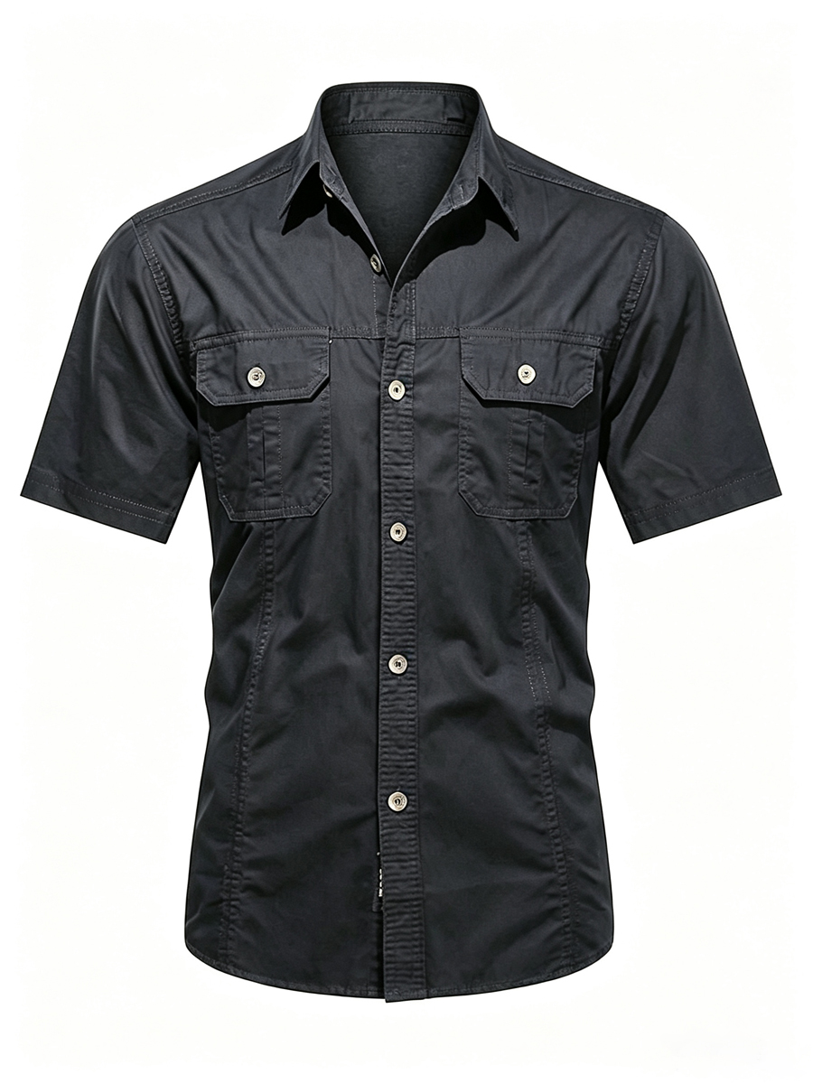 Men's Solid Color Double Chest Flap Pockets Short Sleeve Cargo Work Shirt