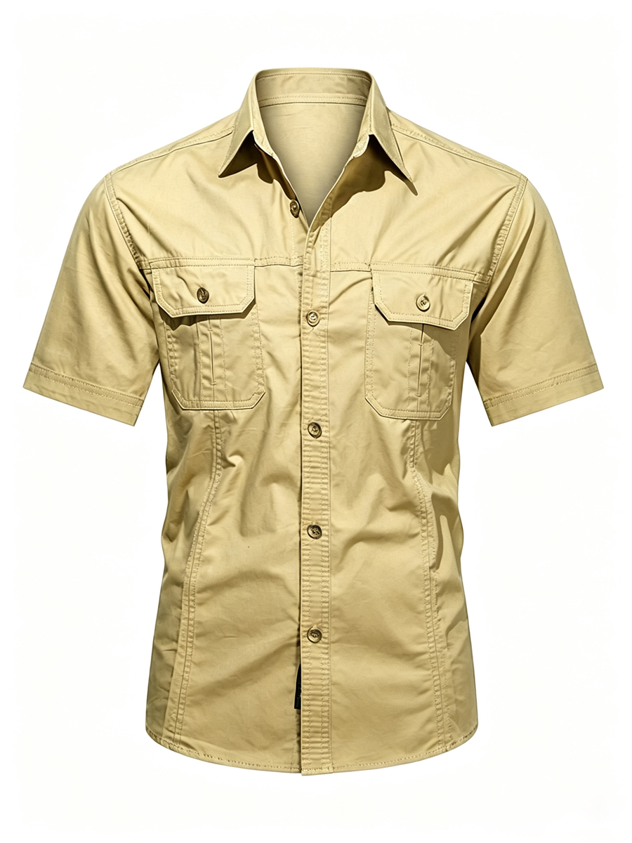 Men's Solid Color Double Chest Flap Pockets Short Sleeve Cargo Work Shirt