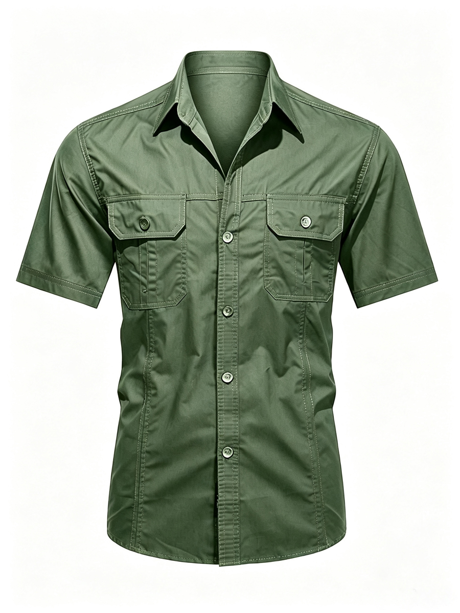 Men's Solid Color Double Chest Flap Pockets Short Sleeve Cargo Work Shirt