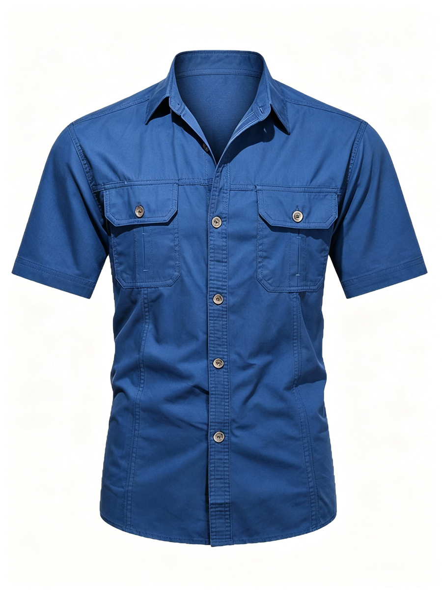 Men's Solid Color Double Chest Flap Pockets Short Sleeve Cargo Work Shirt