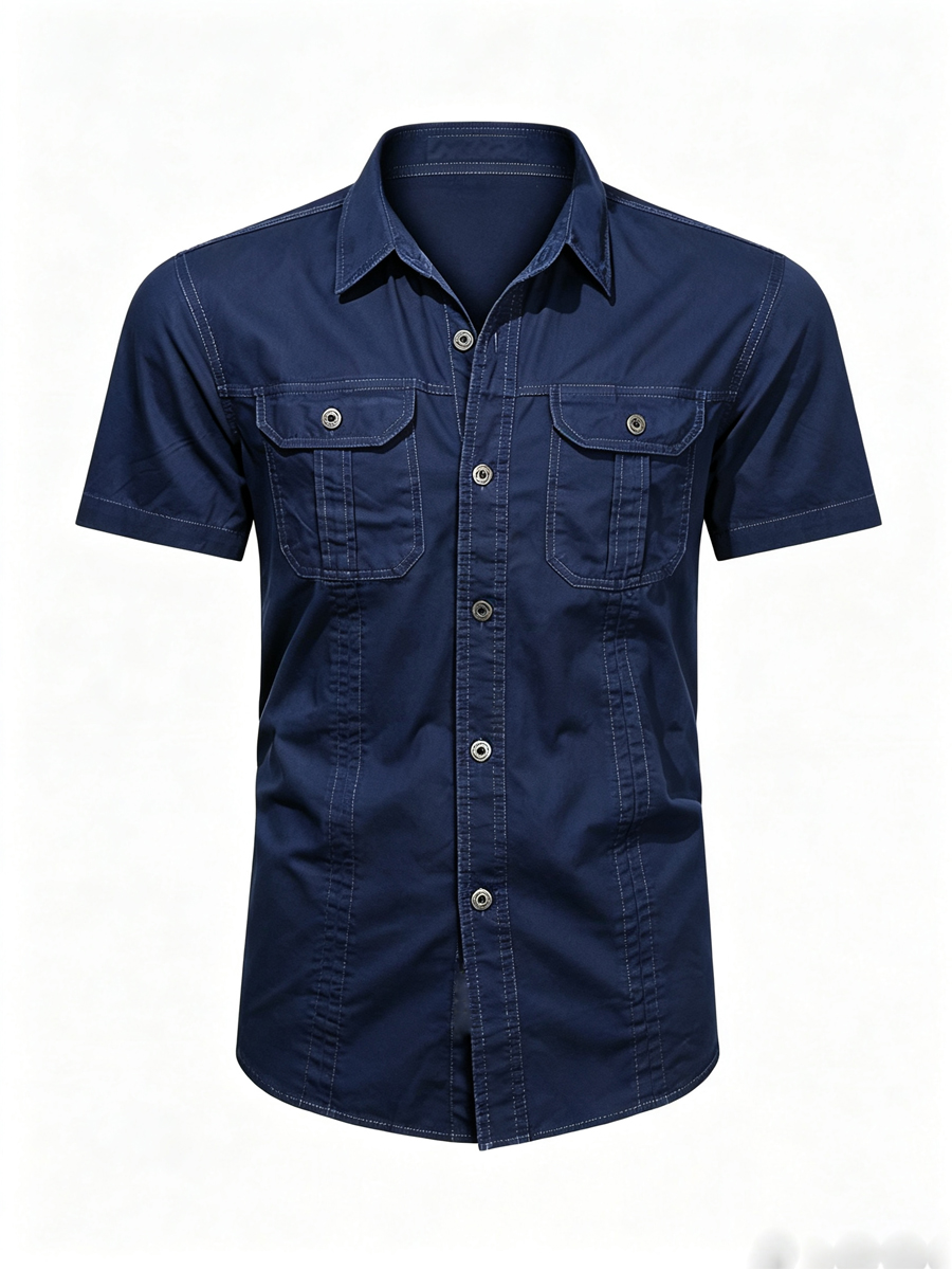 Men's Solid Color Double Chest Flap Pockets Short Sleeve Cargo Work Shirt