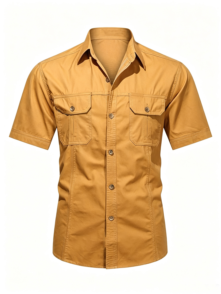 Men's Solid Color Double Chest Flap Pockets Short Sleeve Cargo Work Shirt