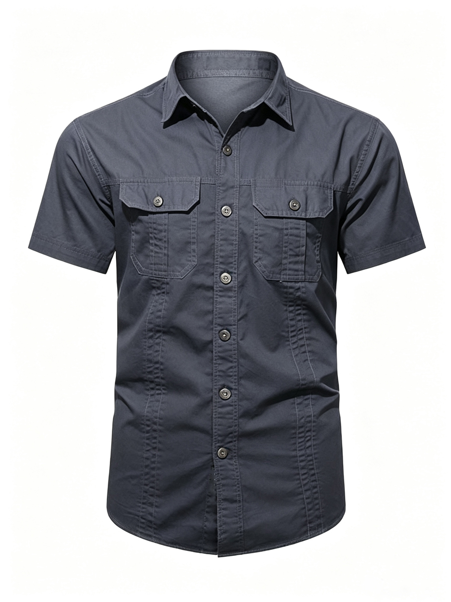 Men's Solid Color Double Chest Flap Pockets Short Sleeve Cargo Work Shirt