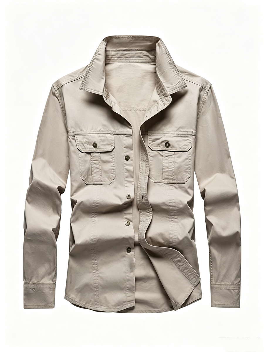 Men's Casual Solid Color Chest Pocket Turndown Collar Long Sleeve Shirt