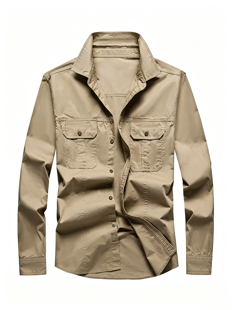 Men's Casual Solid Color Chest Pocket Turndown Collar Long Sleeve Shirt