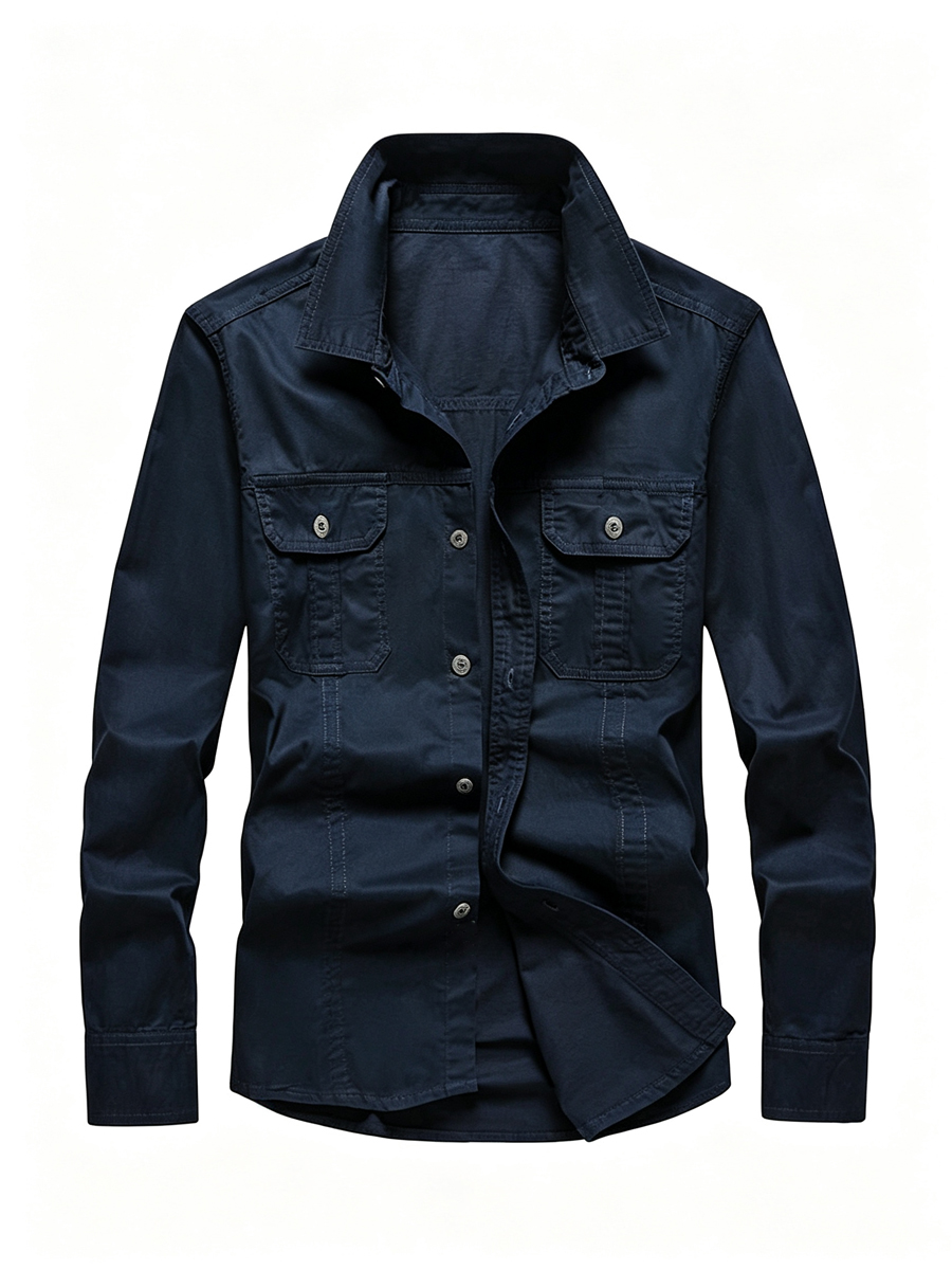 Men's Casual Solid Color Chest Pocket Turndown Collar Long Sleeve Shirt