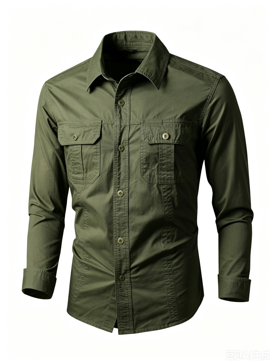 Men's Casual Solid Color Chest Pocket Turndown Collar Long Sleeve Shirt