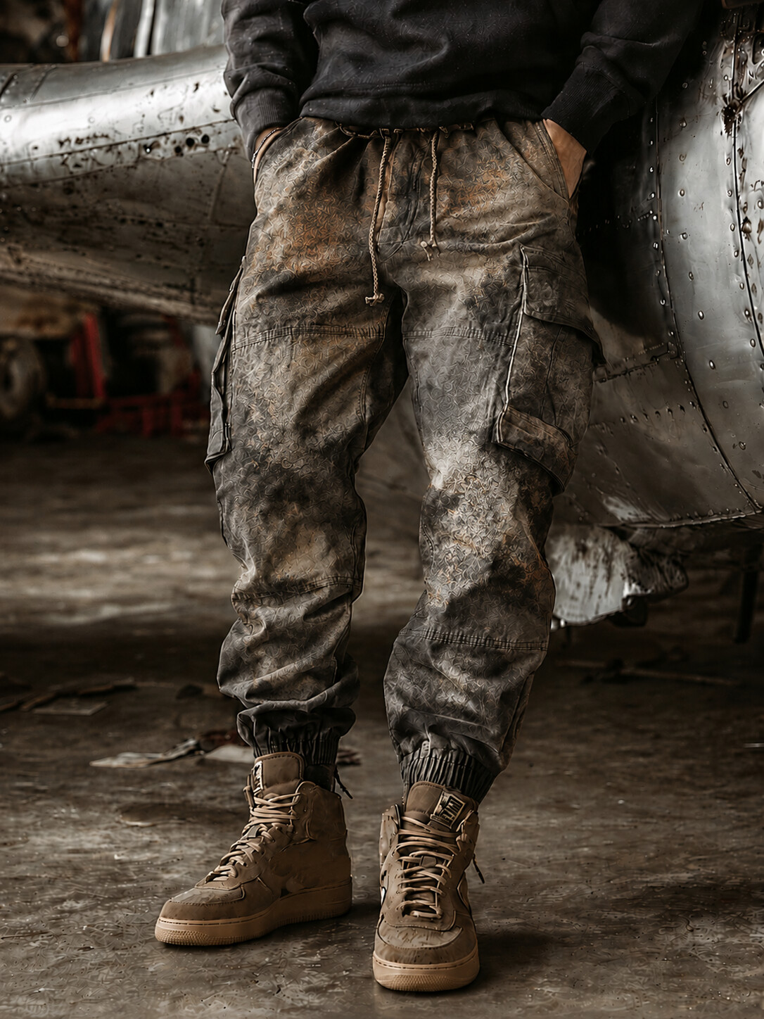 Men's Distressed Multi-Pocket Cargo Joggers with Subtle Pattern