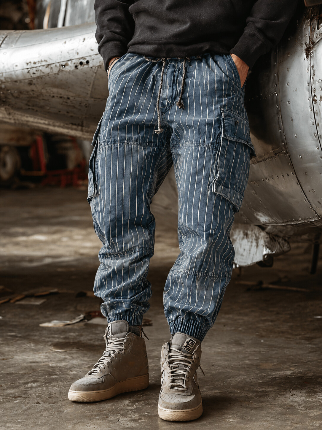 Men's Distressed Multi-Pocket Cargo Joggers with Vintage Vertical Stripes Pattern