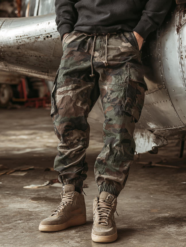 Men's Distressed Multi-Pocket Cargo Joggers with Vintage Woodland Camo Pattern