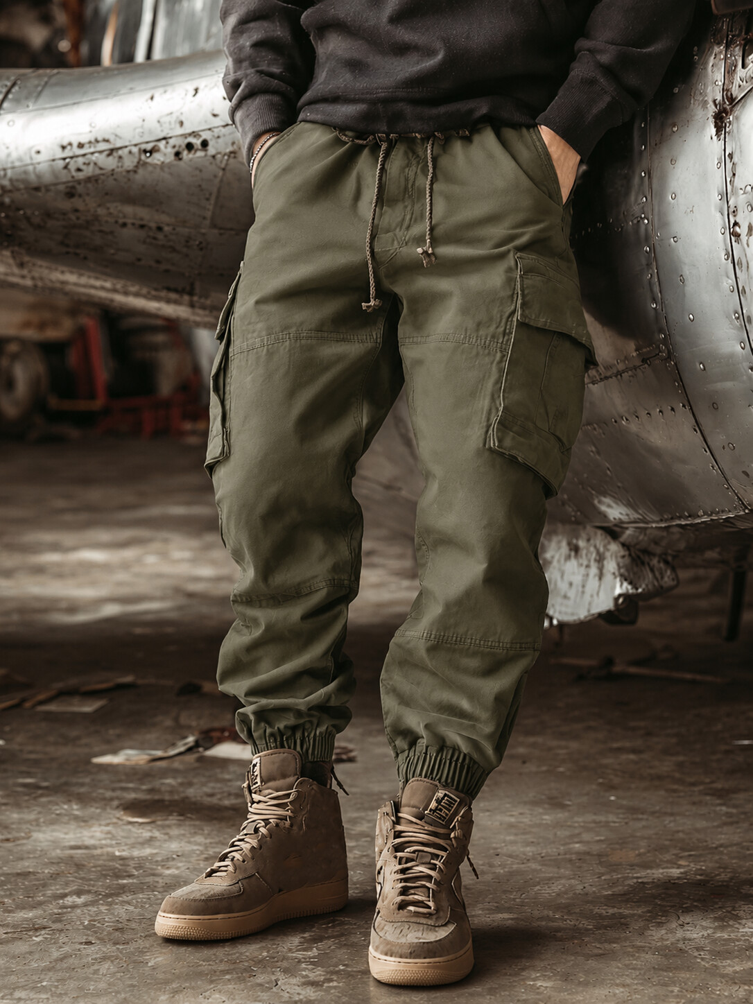 Men's Distressed Multi-Pocket Cargo Joggers with Solid Vintage Olive Green Pattern