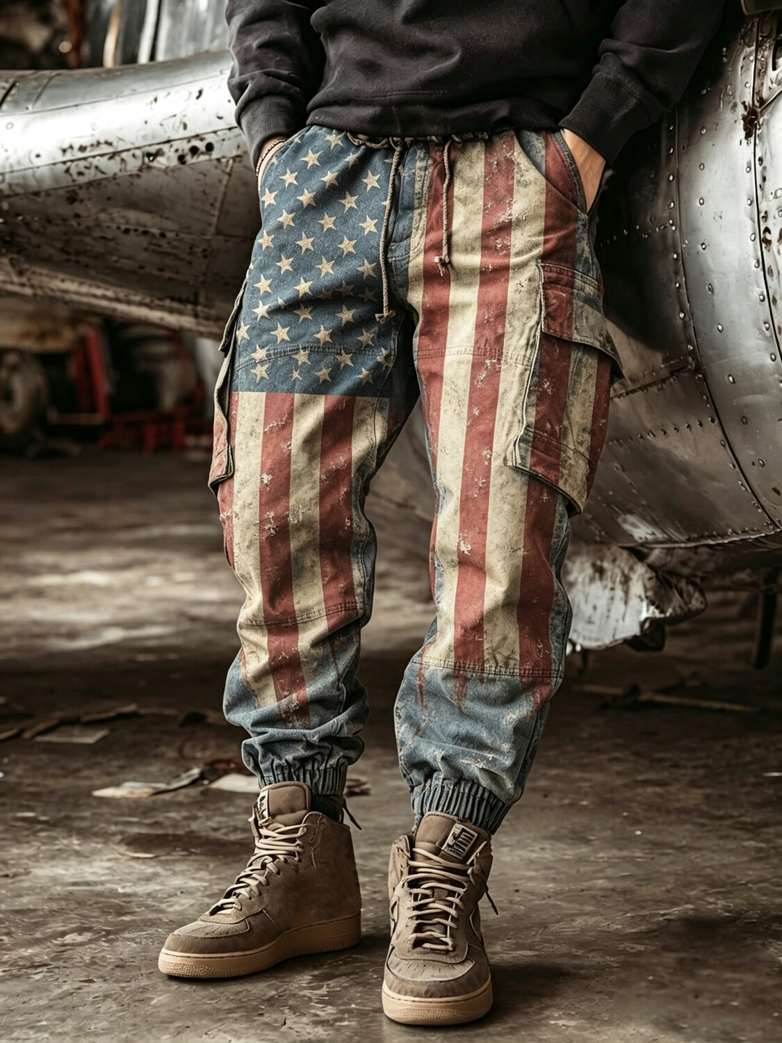 Men's Distressed Multi-Pocket Cargo Joggers with Vintage American Flag Pattern