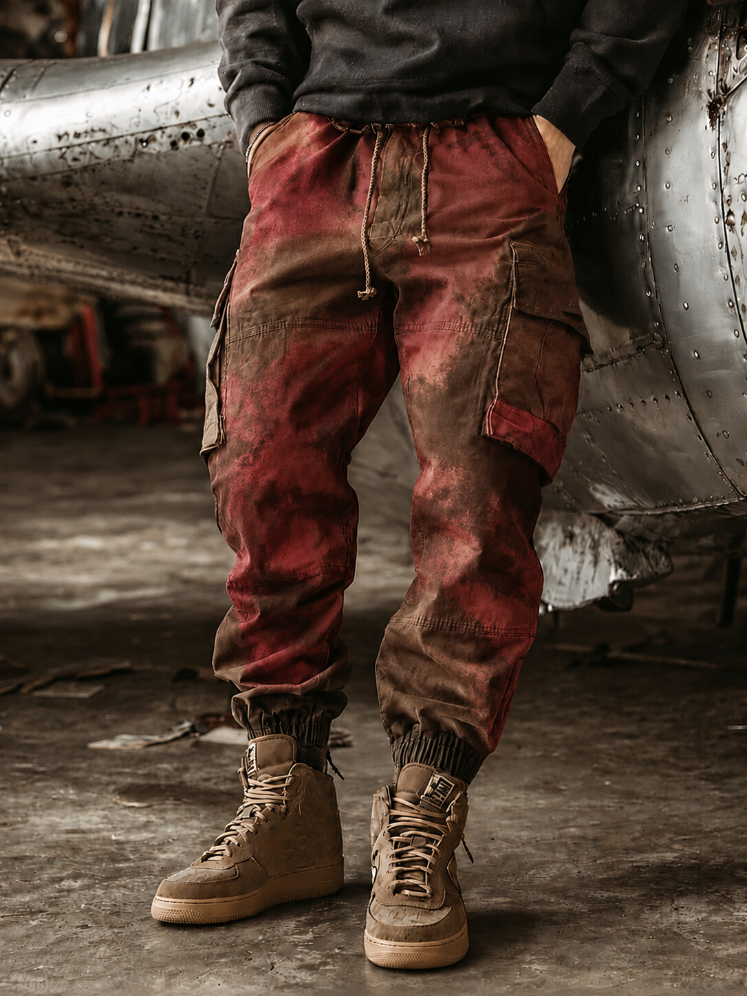 Men's Distressed Multi-Pocket Cargo Joggers with Vintage Gradien Tie Dye Pattern