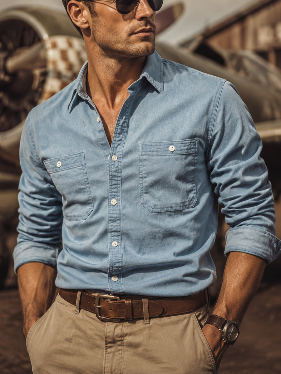 Men's American Vintage-Style Long-Sleeve Denim Shirt