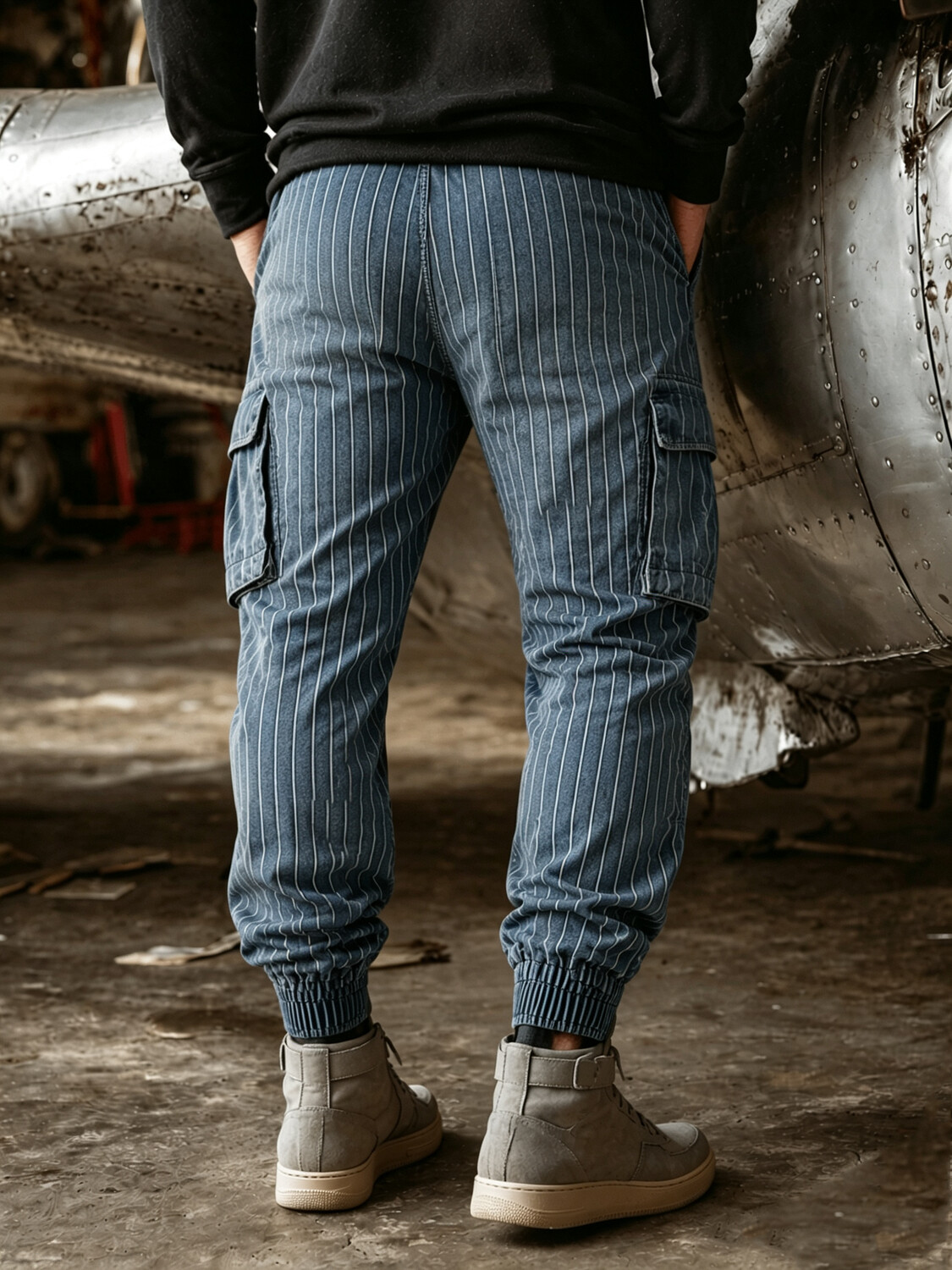 Men's Distressed Multi-Pocket Cargo Joggers with Vintage Vertical Stripes Pattern