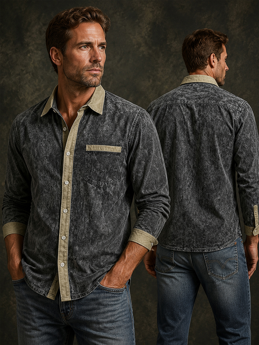 Men's Retro Khaki Collar Washed Black Long Sleeve Shirt