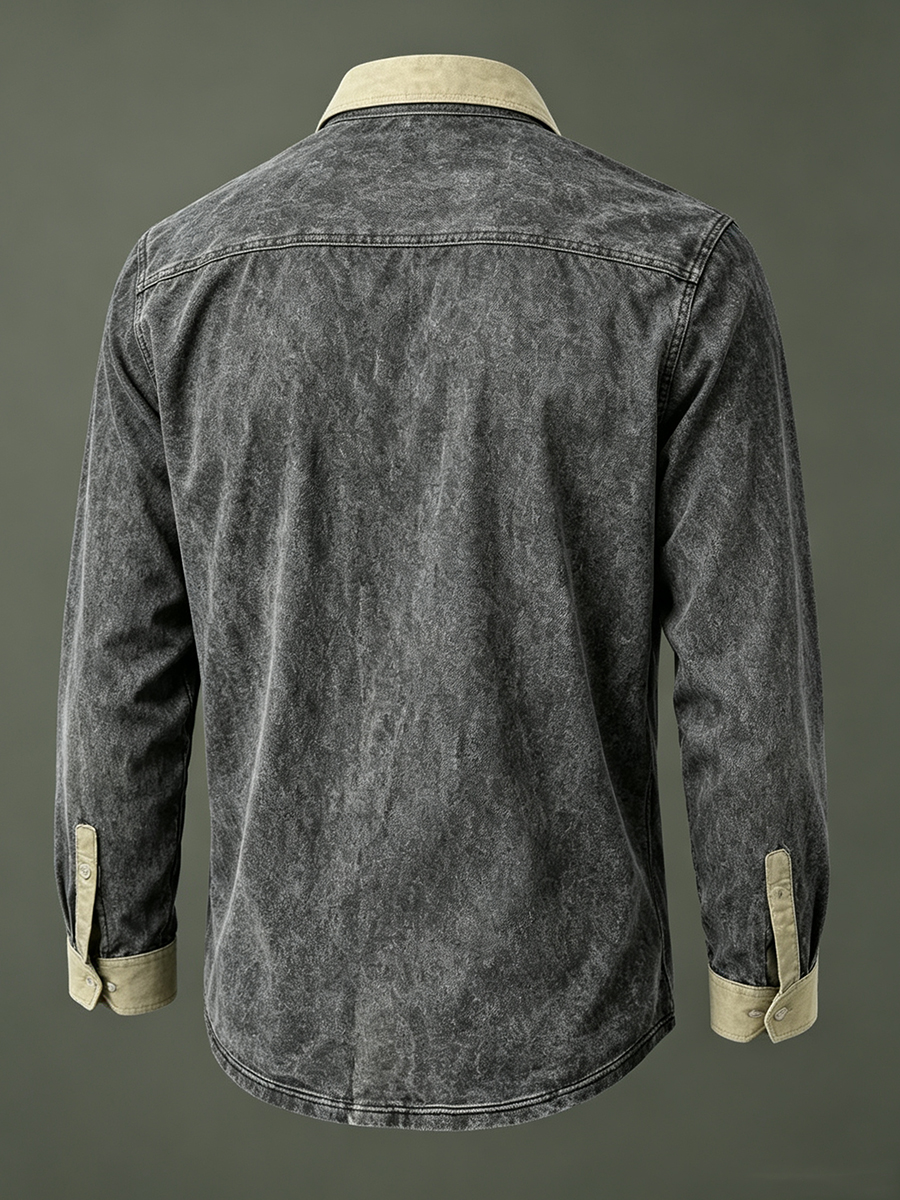 Men's Retro Khaki Collar Washed Black Long Sleeve Shirt
