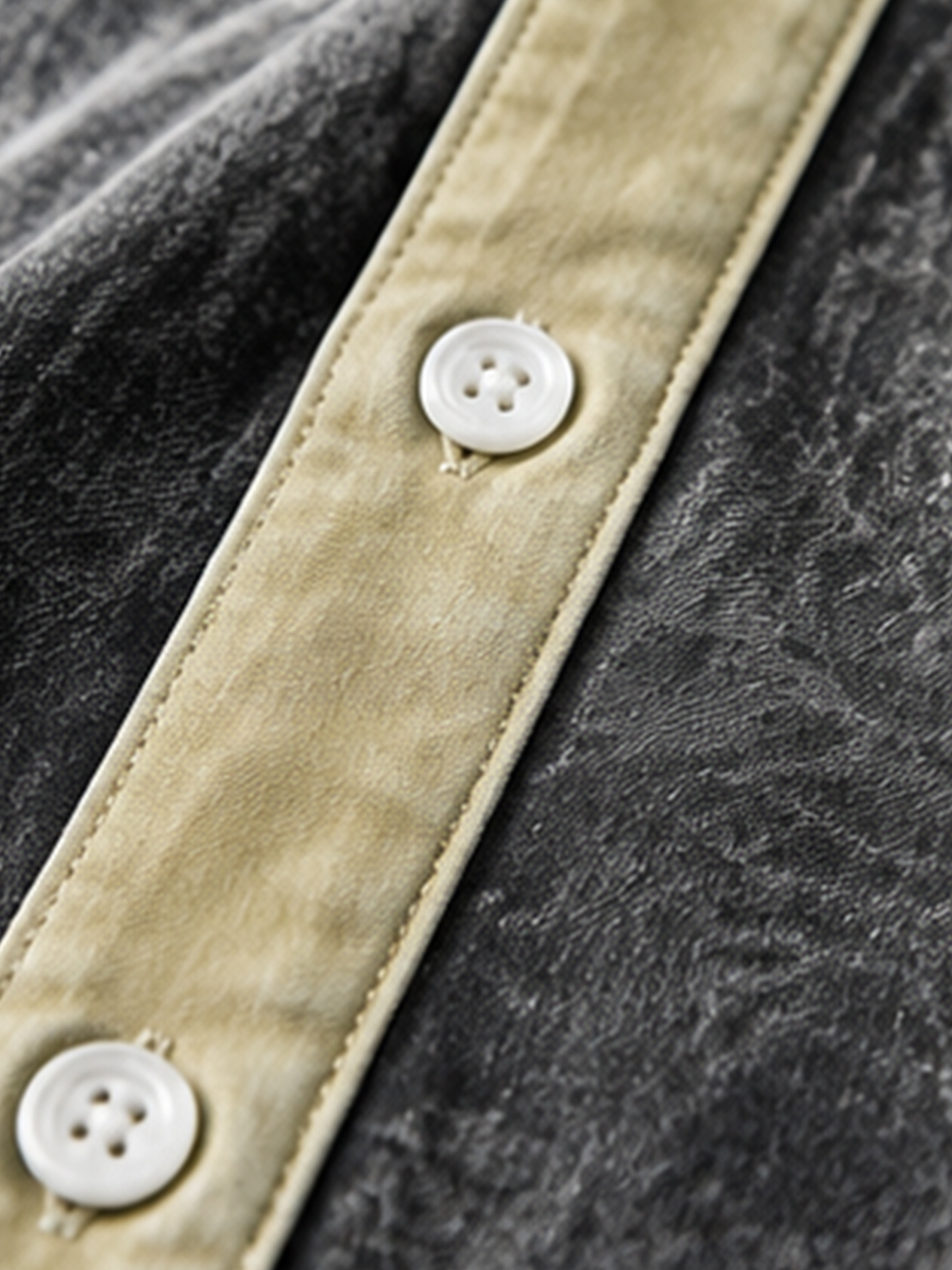 Men's Retro Khaki Collar Washed Black Long Sleeve Shirt