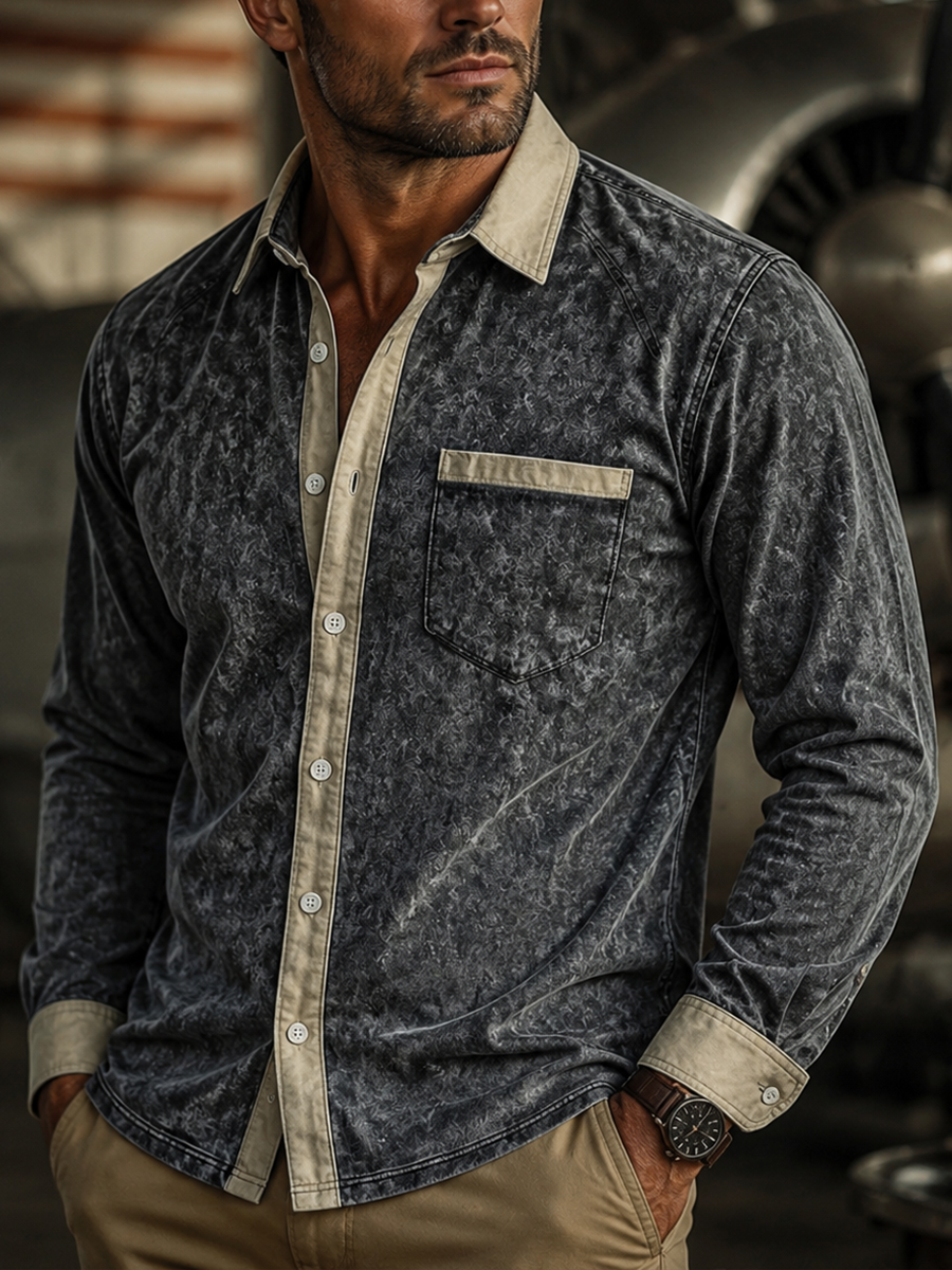 Men's Retro Khaki Collar Washed Black Long Sleeve Shirt