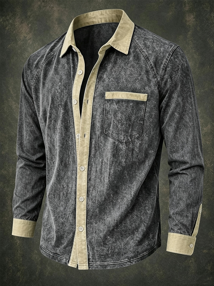 Men's Retro Khaki Collar Washed Black Long Sleeve Shirt
