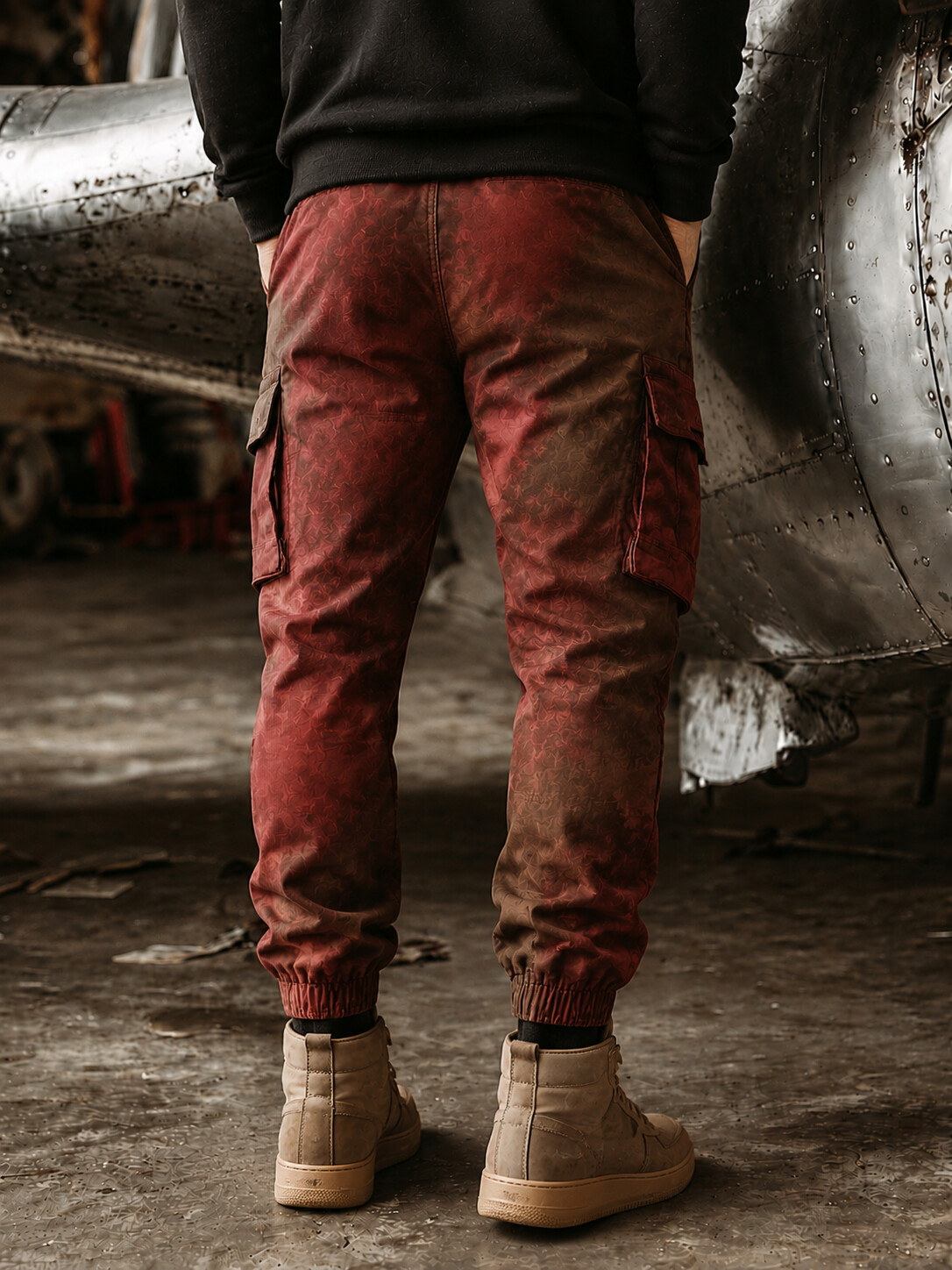 Men's Distressed Multi-Pocket Cargo Joggers with Vintage Gradien Tie Dye Pattern