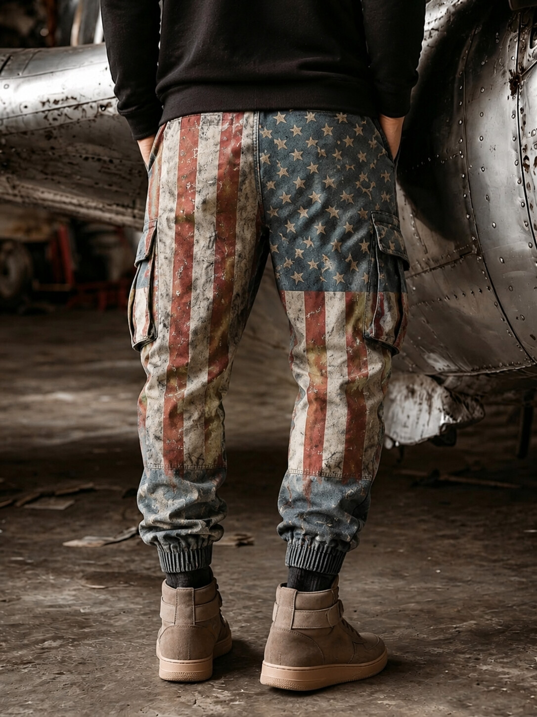 Men's Distressed Multi-Pocket Cargo Joggers with Vintage American Flag Pattern