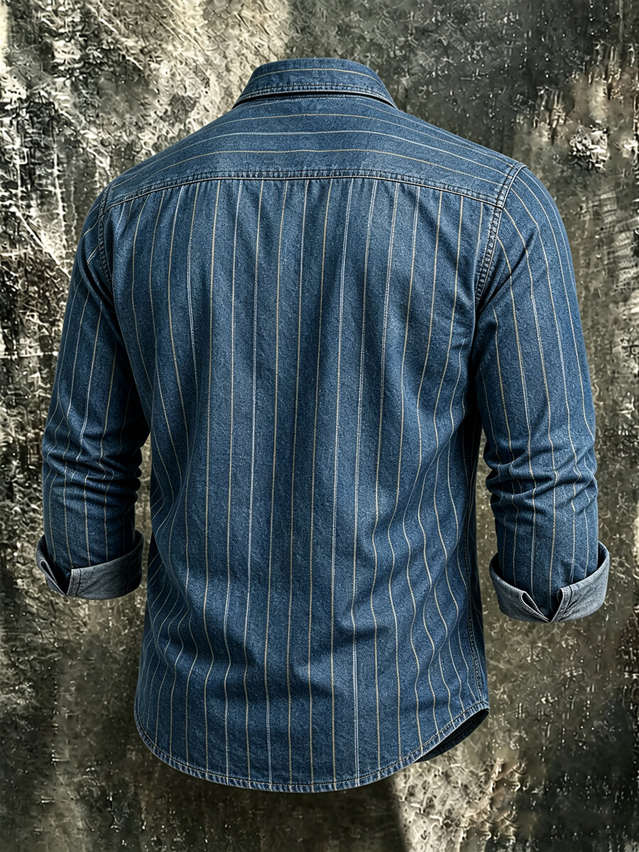Men's Vertical Striped Print Long-Sleeve Shirt with Dual Pockets
