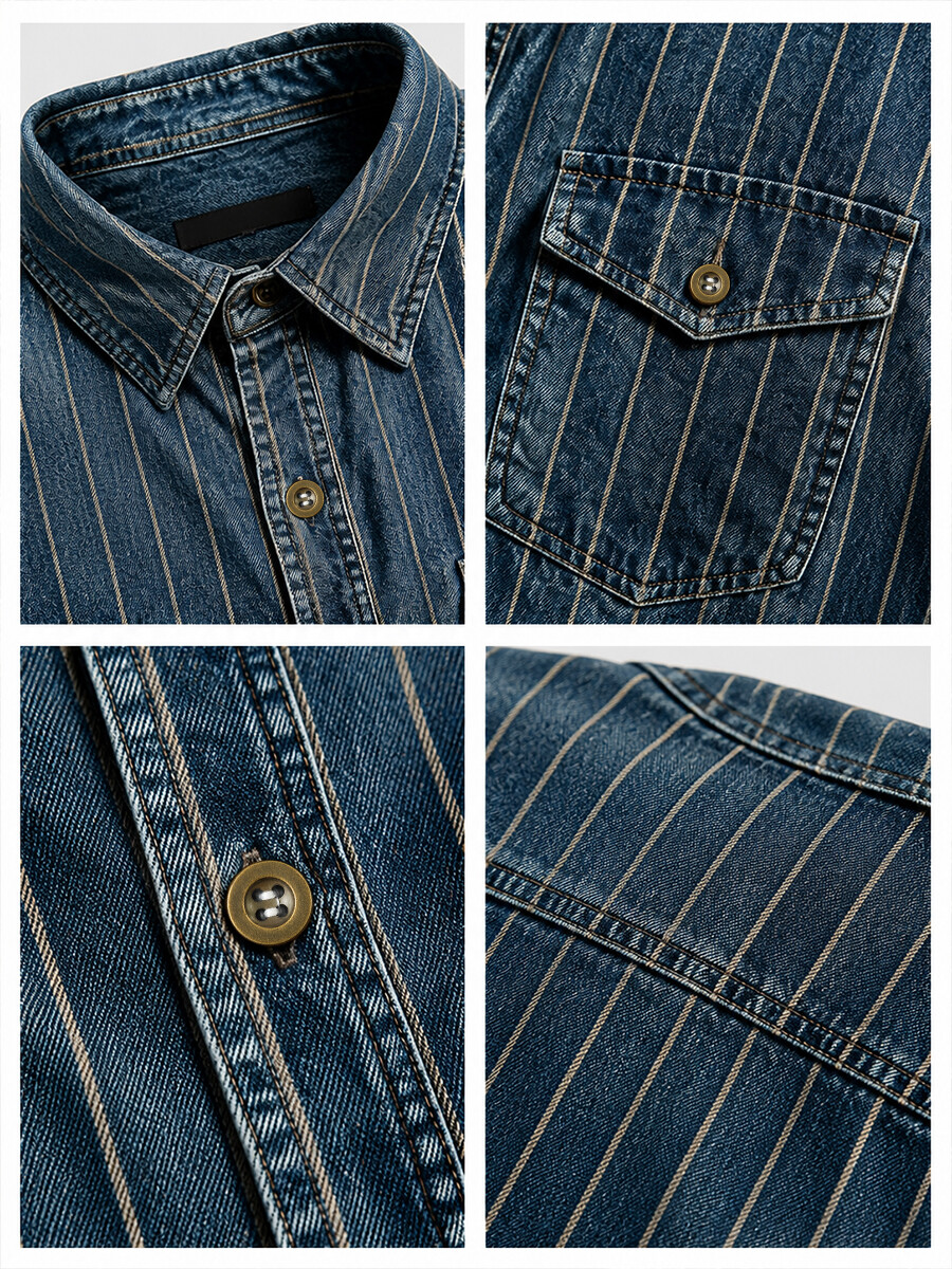 Men's Vertical Striped Print Long-Sleeve Shirt with Dual Pockets