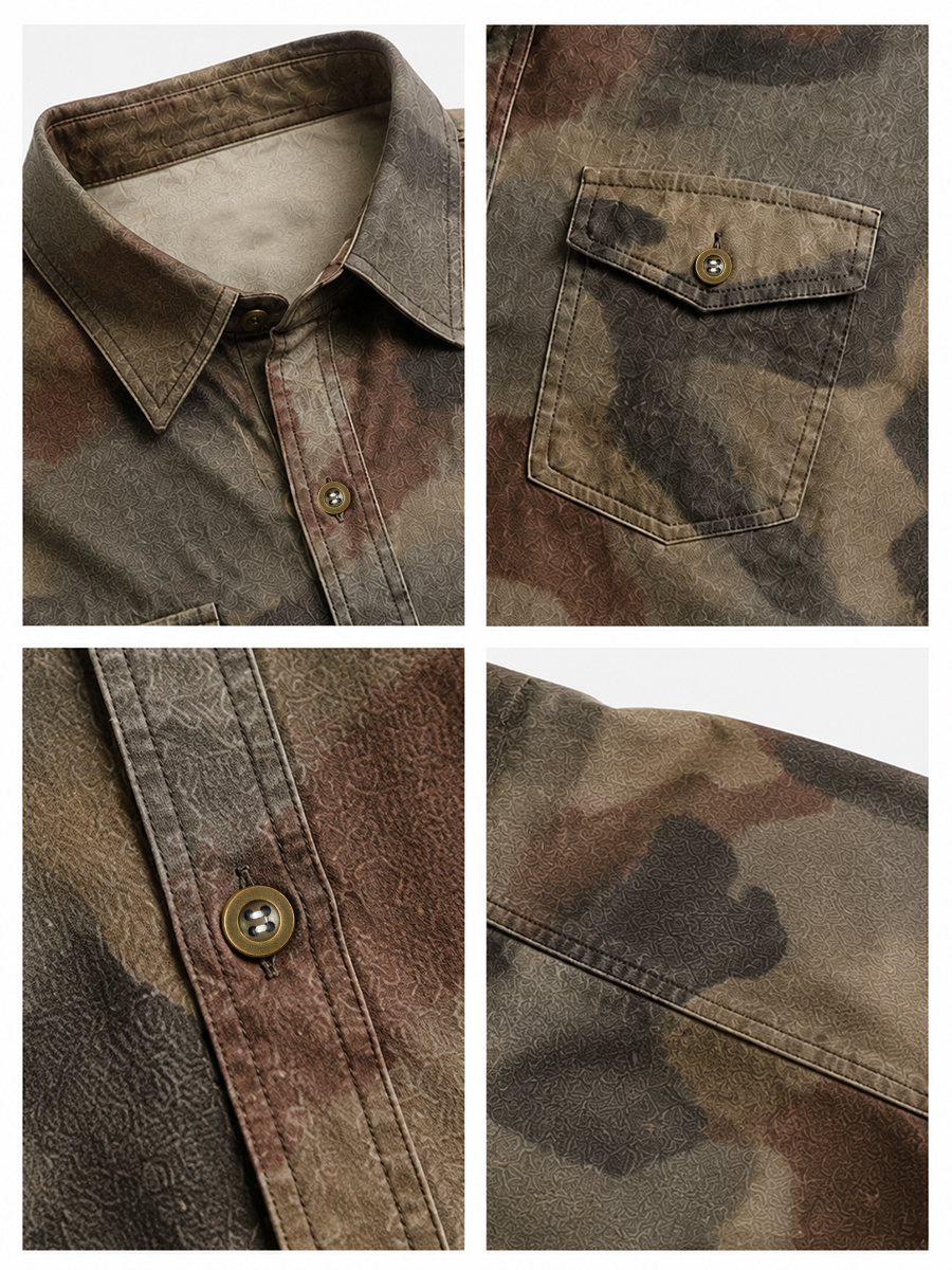 Men's Vintage Camouflage Print Long-Sleeve Button-Front Utility Shirt with Chest Pocket