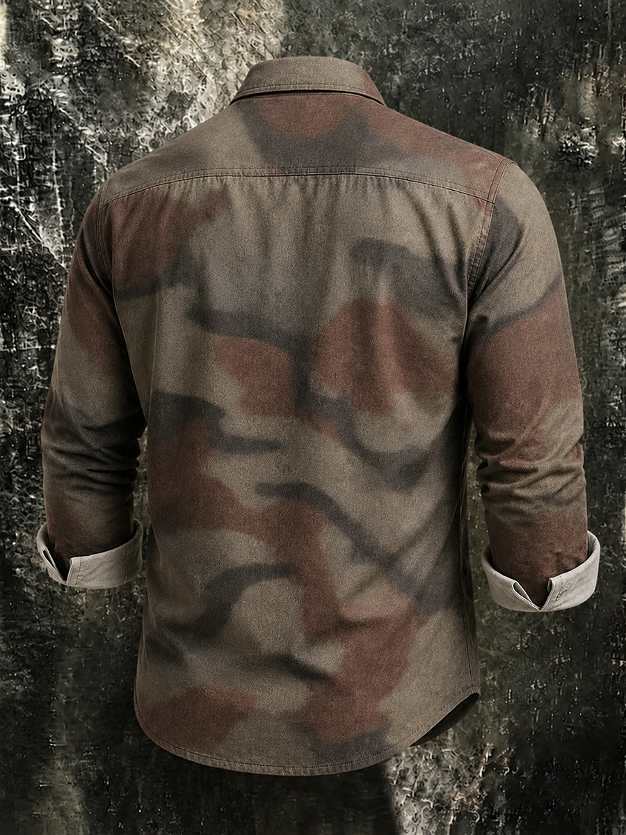 Men's Vintage Camouflage Print Long-Sleeve Button-Front Utility Shirt with Chest Pocket