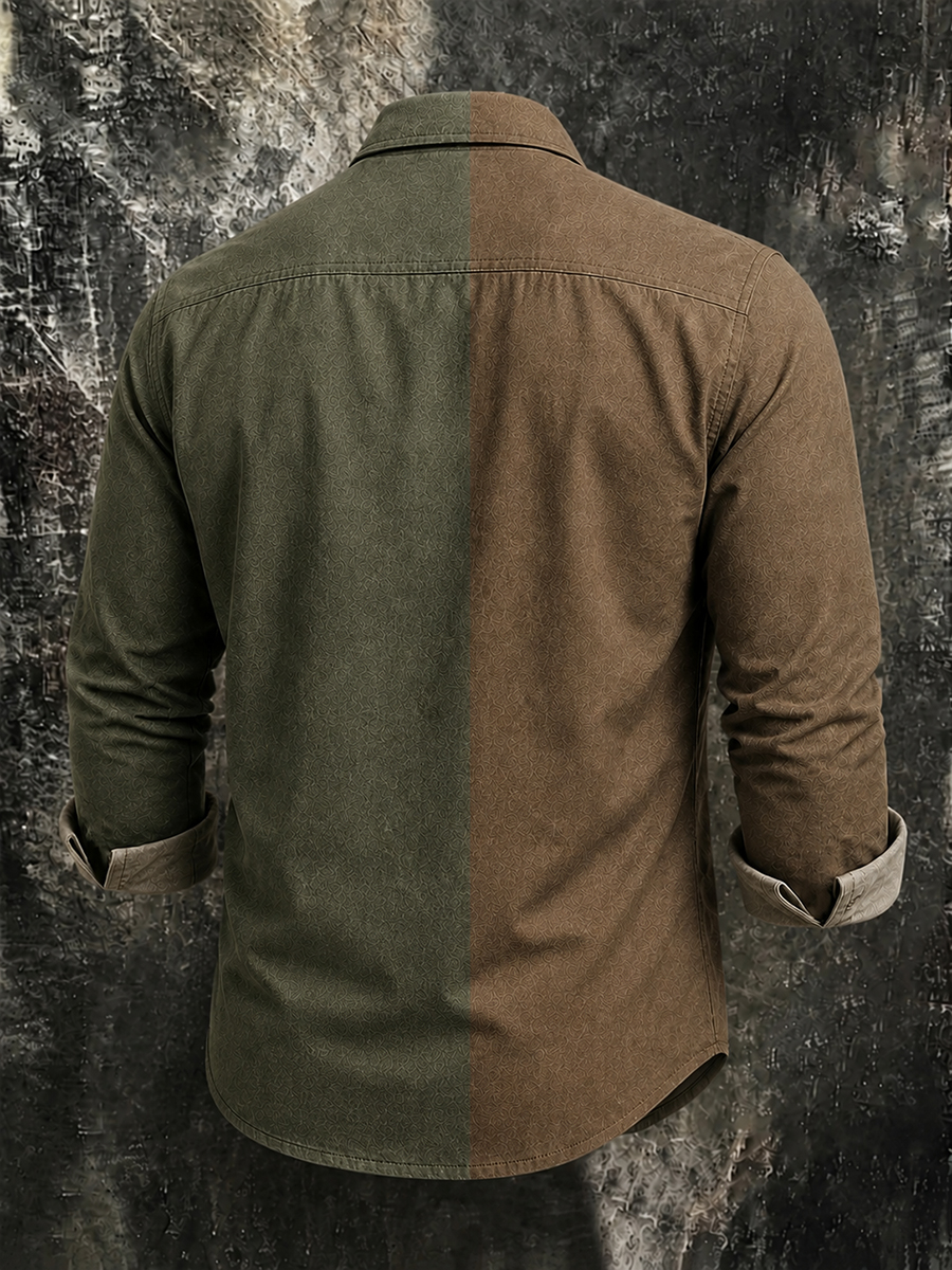 Men's Vintage Color-Block Print Long-Sleeve Button-Down Shirt with Chest Pocket