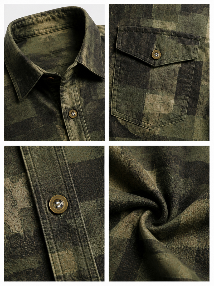 Men's Retro Color-Block Camo & Plaid Print Long-Sleeve Button-Down Shirt with Chest Pocket