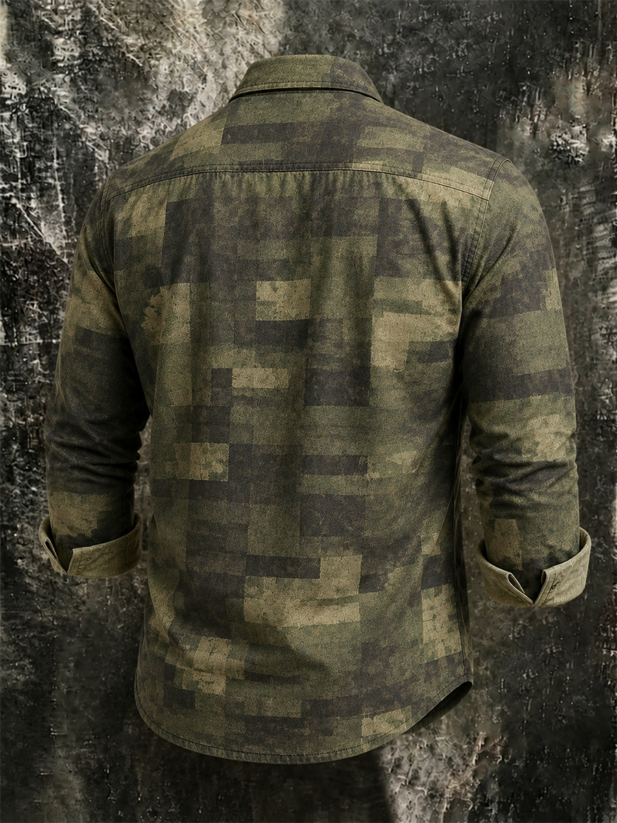 Men's Retro Color-Block Camo & Plaid Print Long-Sleeve Button-Down Shirt with Chest Pocket