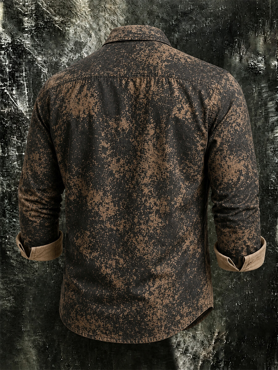 Men's Vintage Distressed Splashed Ink Print Long-Sleeve Shirt with Dual Pockets