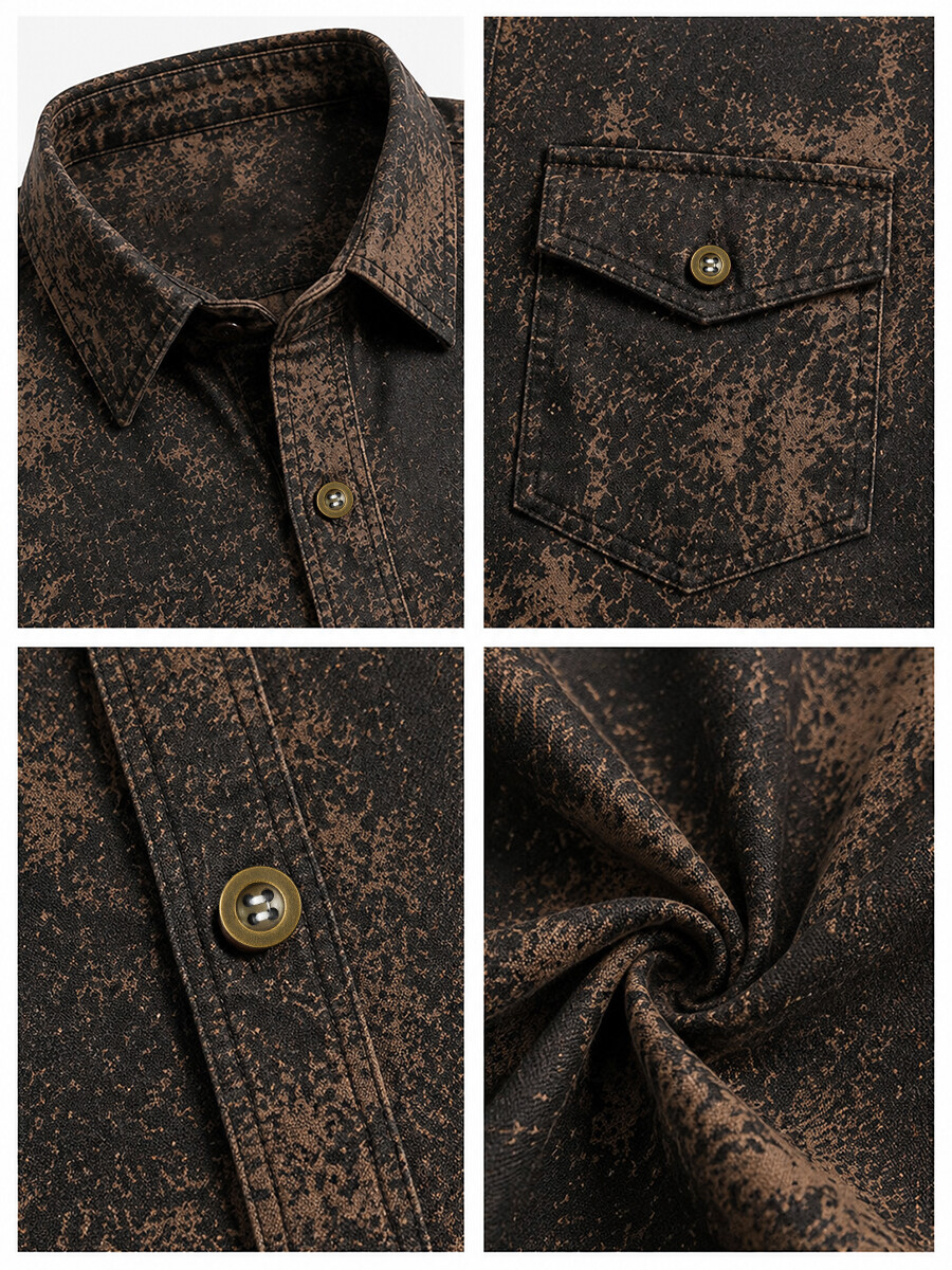 Men's Vintage Distressed Splashed Ink Print Long-Sleeve Shirt with Dual Pockets