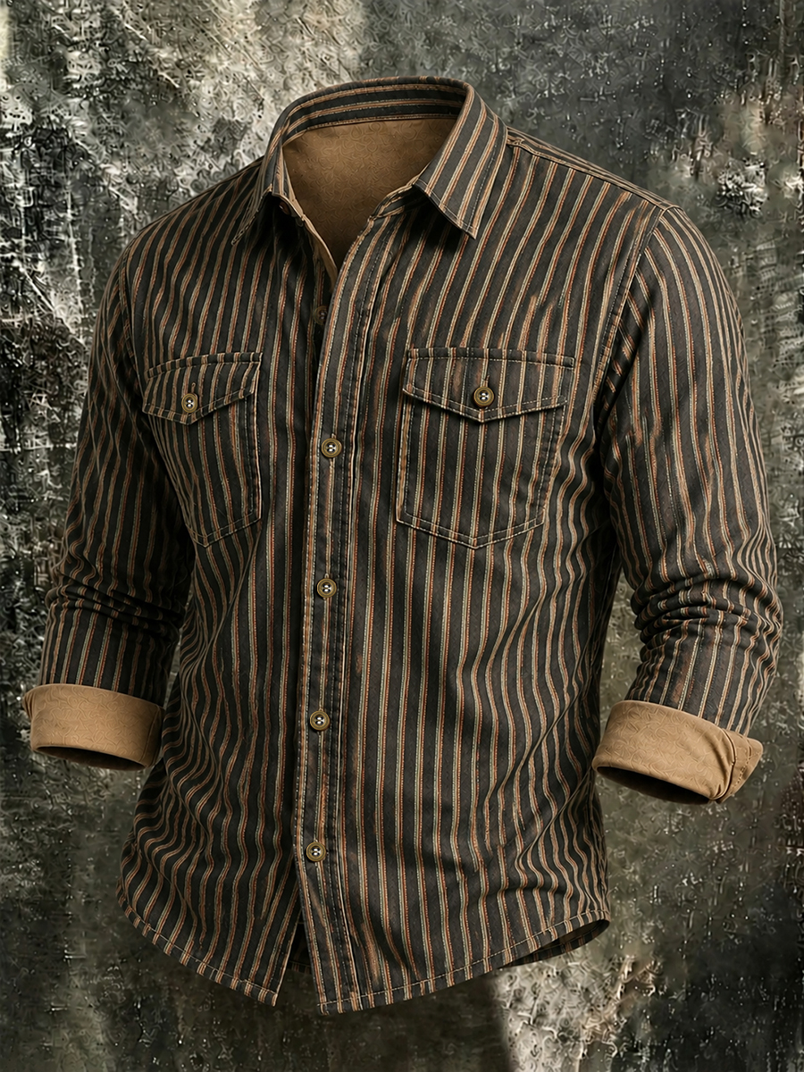 Men's Rugged Casual Button-Down Vertical Stripe Utility Shirt