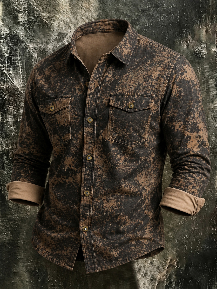 Men's Vintage Distressed Splashed Ink Print Long-Sleeve Shirt with Dual Pockets